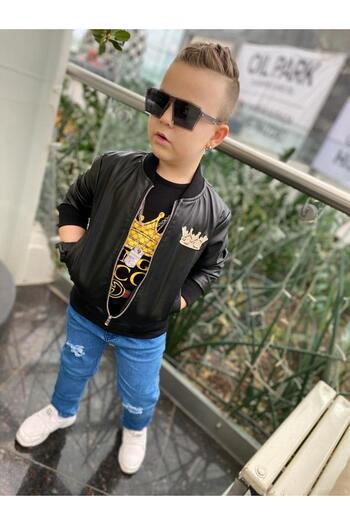 Burçak Butik Boy's Embroidered Leather Jacket Jeans Pants Printed T-Shirt 3-Piece Combination