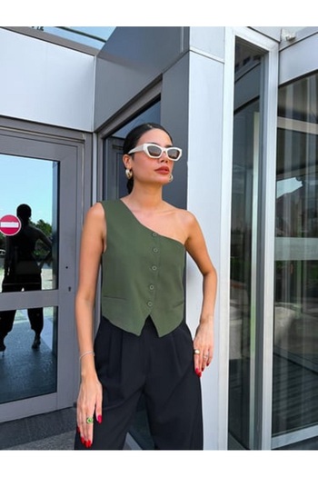 Laluvia Khaki Single Shoulder Buttoned Front Vest