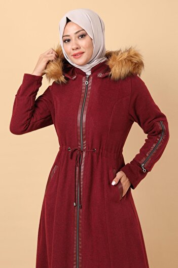Modamihram Zippered Leather Detailed Kachet Coat Claret Red 12264