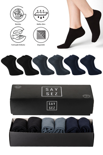 SAYSEZ Bamboo Men's Booties Plain Assortment Socks Seamless Premium Boxed 6-Piece (2 Black - 2 Navy Blue - 2 Smoked)