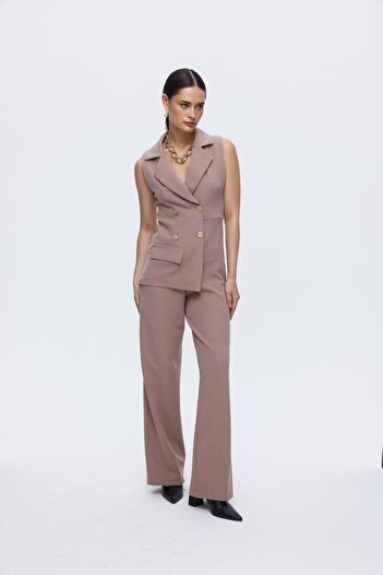 Laluvia Mink Gold Button Detailed Jumpsuit