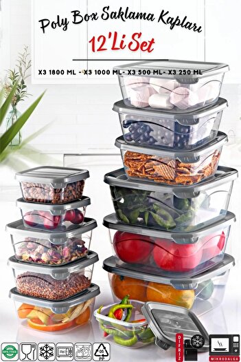 Open Home Concept Set of 12 Square Microwave and Freezer Compatible Poly Storage Container - 0.25Lt/0.5Lt/1Lt/1.8Lt