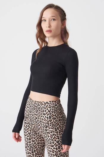 Addax Crew Neck μακρυμάνικη Crop Μπλούζα P1017