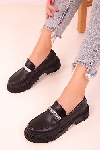 SOHO Black-Silver Women's Loafer Shoes 17481