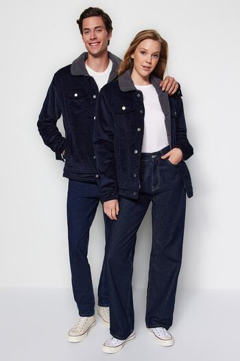 Trendyol Collection Χειμερινό μπουφάν Unisex Navy Blue Velvet κανονική εφαρμογή - TMNAW24MO00018
