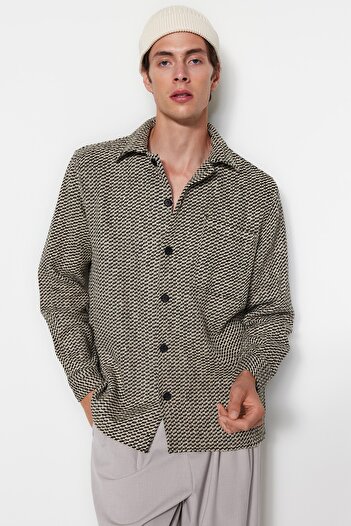Trendyol Collection Black Unisex Regular Fit Diagonel Patterned Textured Thick Winter Shirt Jacket TMNAW24GO00070