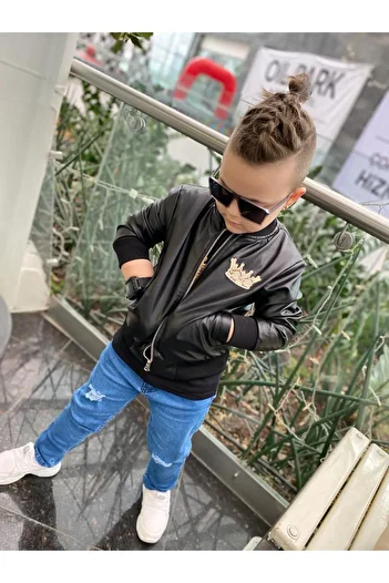 Burçak Butik Boy's Embroidered Leather Jacket Jeans Pants Printed T-Shirt 3-Piece Combination