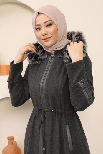 Modamihram Antracitový kešu kabát – zip a kožený detail MİH12264