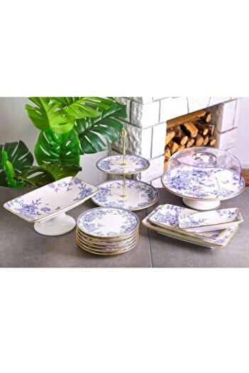 Esta 13 PIECES WHITE GOLD BLUE PATTERNED CAKE SERVICE PRESENTATION SET
