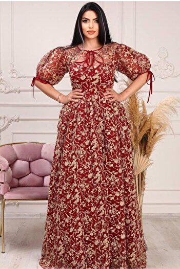 Matik Abiyem Mop Glitter Patterned Printed Slit Evening Dress