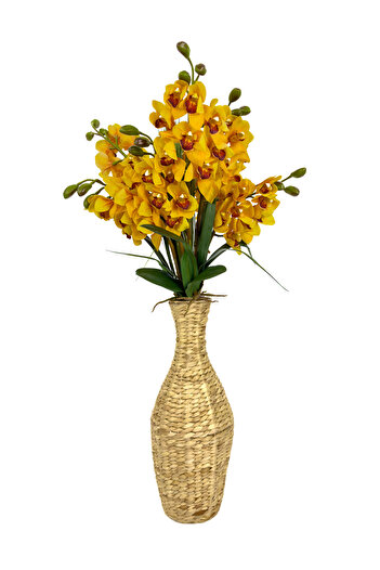 BİÇİÇEK Luxury Sarı Singapur Orkide 120 cm hasır bohem vazoda