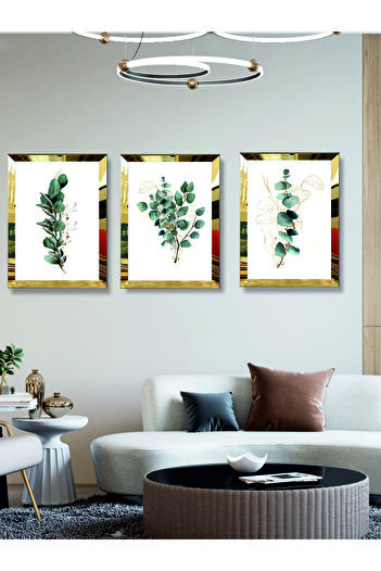 YALOVA SHOP Modern Artistic Digital Uv Printing Gold Mirror Plexi Framed 3-Piece Green Flower Painting Set
