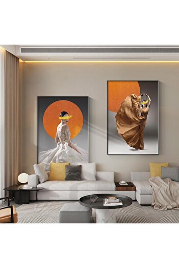 Linacci Women in Binary Black Aluminum Metal Frame Orange Black Glass Poster Painting Set