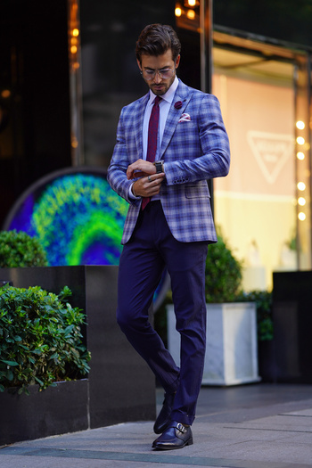 NAZEF Slim Fit Plaid Wool Light Blue Jacket
