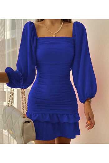 Secret Passion Lingerie Eteği Katlı Uzun Kollu Likralı Krep Kumaş Mavi Abiye Elbise Gece Elbisesi Mini Elbise 581878 639