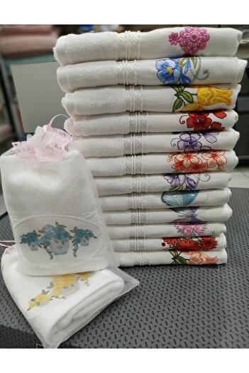 Özdilek (12 Pieces) Dowry Embroidered Hand and Face Towel 50x90cm White (2 Kitchen Towels as a Gift)