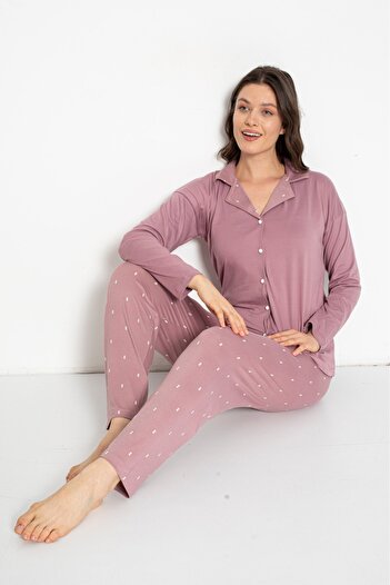 MEBA Milan Long Sleeve Front Buttoned Lilac Dusty Rose Pajama Set -41