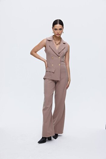 Laluvia Mink Gold Button Detailed Jumpsuit