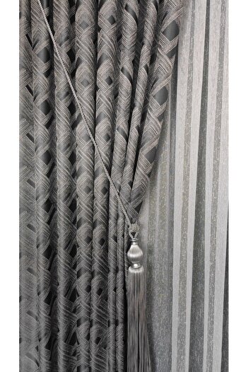 Yuka Crown Panel Background Curtain Gray Light Gray Geometric Patterned Single Sash Closely Pleated Jacquard Semi-Glossy