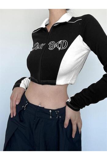 Touz Blunt Blunt Y2K I Am Bad Printed Zippered Black Crop