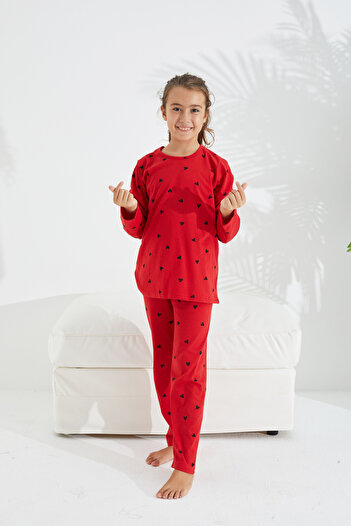 Siyah İnci Kırmızı Pamuklu Pijama Takımı