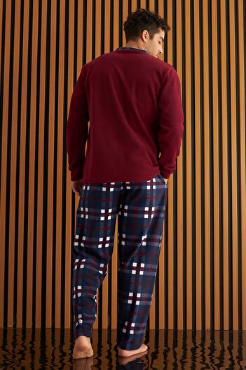 Pijamaevi Bordo Lacivert Ekose Desenli Polar Erkek Pijama Takımı