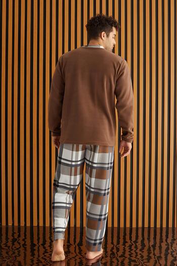 Pijamaevi Καφέ Λευκό Σετ ανδρικές πιτζάμες με καρό Fleece