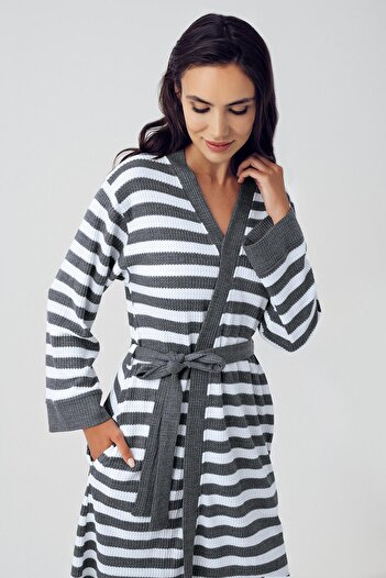 Artış Women's Long Sleeve Striped Knitwear Waffle Fabric Short Dressing Gown