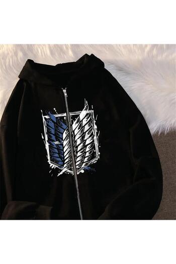 Touz Attack On Titan New Logo Printed Oversize Zippered Black Unisex Hooded Cardigan