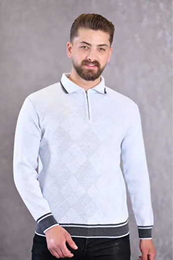 Kamalı White Men's Steel Knit Front Textured Shirt Collar Zippered Polo Collar Non-Pilling Knitwear Winter Sweater