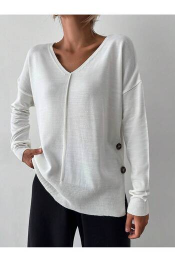 AQE FASHION Side Buttoned V-Neck Sweater