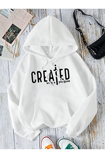 trendgar creted Printed white Hooded Sweayshirt