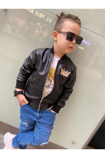 Burçak Butik Boy's Embroidered Leather Jacket / Jeans / Printed T-Shirt 3-Piece Combination