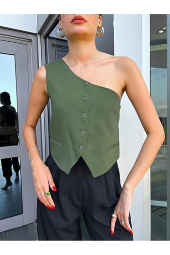 Laluvia Khaki Single Shoulder Buttoned Front Vest