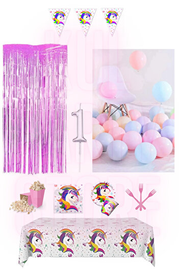 FOKUL Unicorn 8 Person Birthday Party Set Concept Party Supplies 1 Year Old