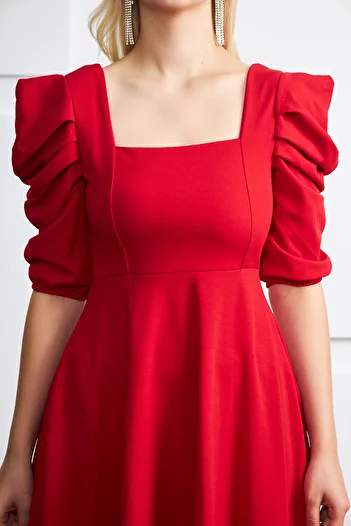 barış sülün lovebox Red Crepe Fabric Short Sleeve Square Neck Midi Evening Dress 080
