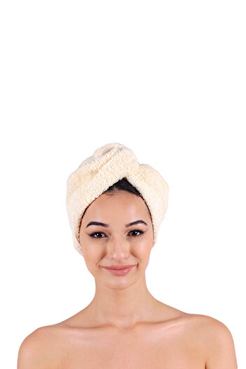 DensHaus 100% Cotton Cream Plain Eponj Buttoned Towel Hair Drying Cap