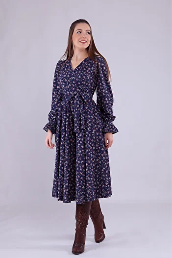 NO48 Navy Blue Floral Patterned Midi Length Velvet Fabric Long Sleeve Dress