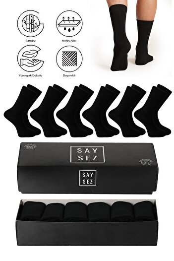 SAYSEZ Bamboo Men's Socket Long Plain Black Socks Seamless Premium Boxed Pack of 6