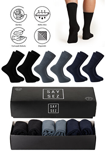 SAYSEZ Bamboo Men's Socket Long Plain Assortment Socks Seamless Premium Boxed 6-Piece (2 Black - 2 Navy Blue - 2 Smoked)