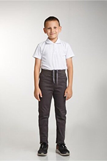 OKULCA Children's Smoked Waist Ribbed Lycra Canvas School Trousers