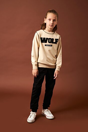 Perendi Boy's Wolf Embroidery Detailed Set Stone