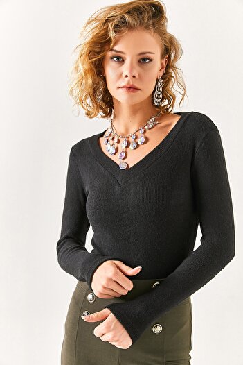 Olalook Schwarze, gestufte Bluse mit V-Ausschnitt und dickem Band für Damen BLZ-19002387