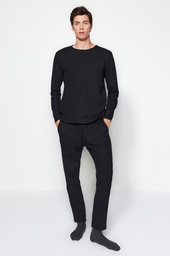 Trendyol Collection Black Regular Fit Waffle Knitted Pajamas Set TMNAW24PT00004