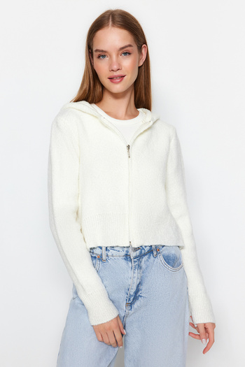 Trendyol Collection Ecru Crop Hooded Textured Zipper Knitwear Cardigan TWOAW24HI00370