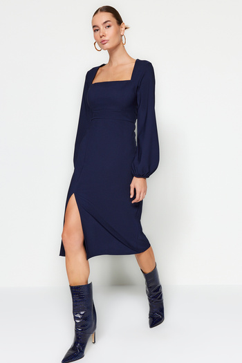 Trendyol Collection Rochie țesută cu guler pătrat cu fantă bleumarin TWOAW24EL00457