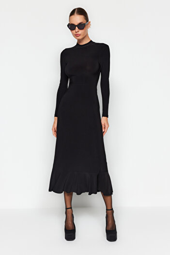 Trendyol Collection Rochie maxi tricotată elastică - decolteu cu spatele, fustă cu volan, guler vertical - TWOAW24EL00380
