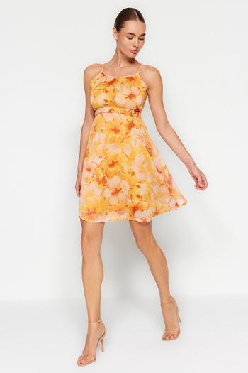 Trendyol Collection Orange-Cream A-Line Print Mini Woven Dress Twoss23El02429