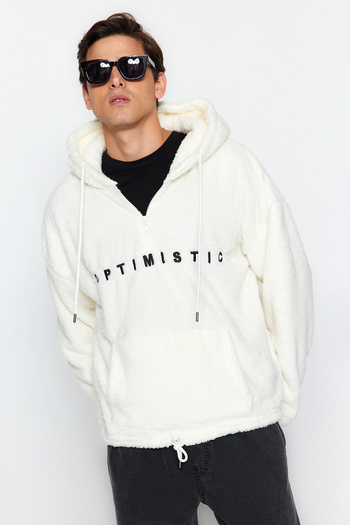 Trendyol Collection Ecru Plush Oversize Sweatshirt - Half Zipper and Cord Detail TMNAW24SW00042