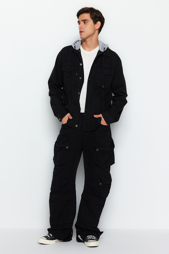 Trendyol Collection Black Regular Fit Knitted Hooded Denim Jacket TMNAW23CE00019